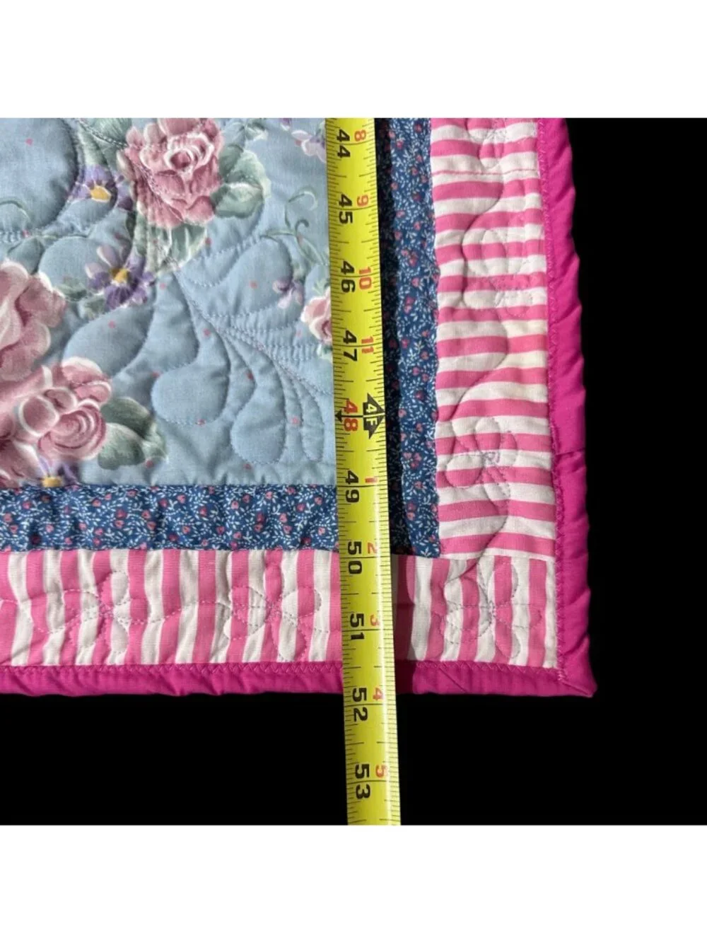 Vintage Patchwork Quilted Lap Throw Blanket Blue Cats Pink Rose Floral Cottage